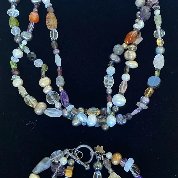 Set of Necklace & Bracelet with Natural Multicolor Stones, Beads & Faux Pearls. - Picture 6 of 12